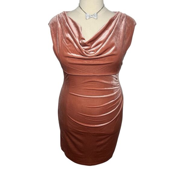 Nipon Boutique Dusty Rose Cowl Neck Ruched Side Velveteen Dress -- 16‎ - Picture 2 of 14